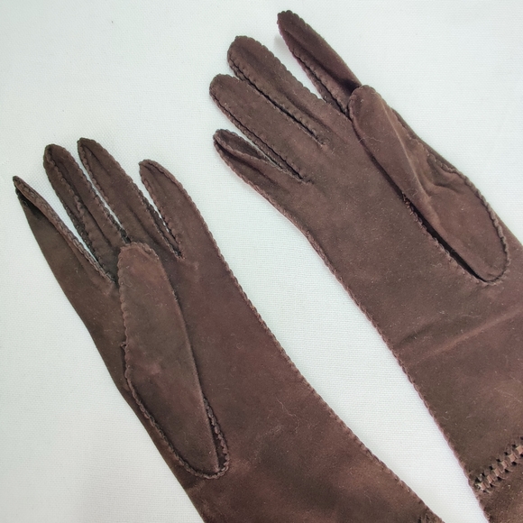 Designer Brown Suede Leather Gloves, Evening Wear New Condition Vintage - Picture 5 of 10